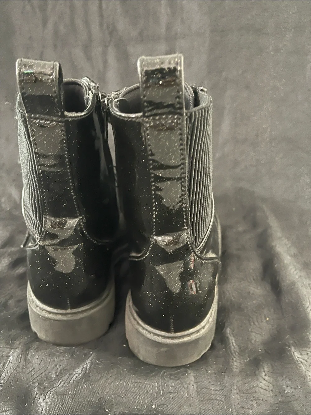 art class Black Glitter Patent Lace-Up Combat Boots with Lug Sole